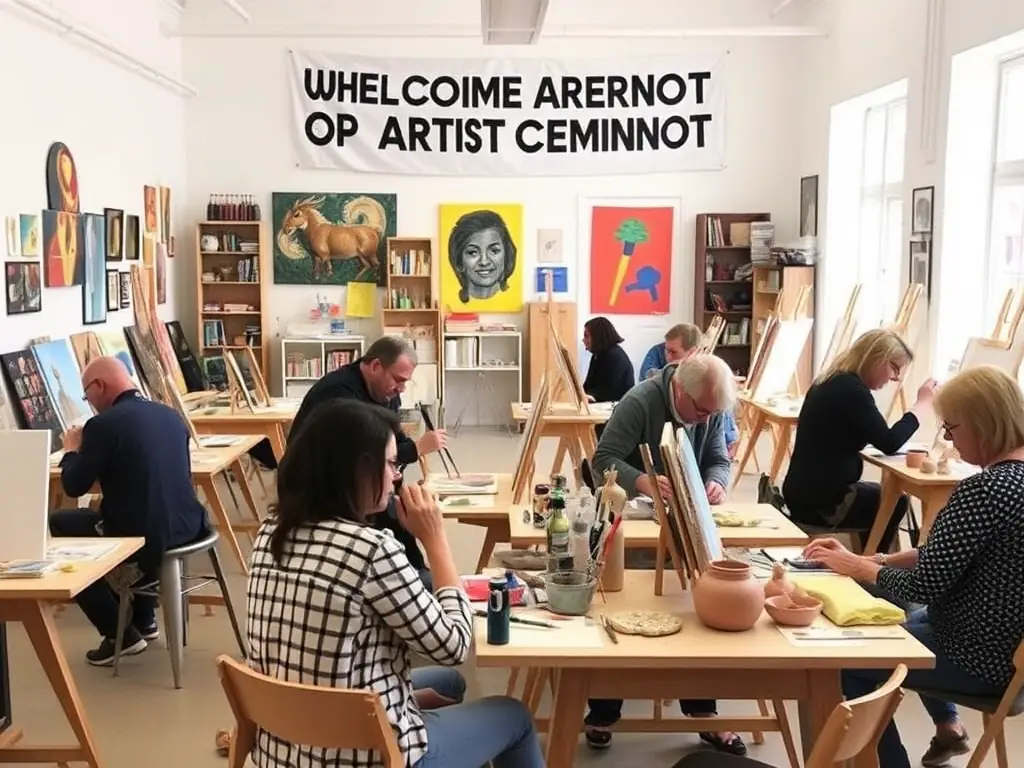 A vibrant photo of adults participating in an art workshop, painting and sculpting, with the UNION SPORTIVE ARTIST CHEMINOT banner displayed, highlighting artistic expression and community involvement.