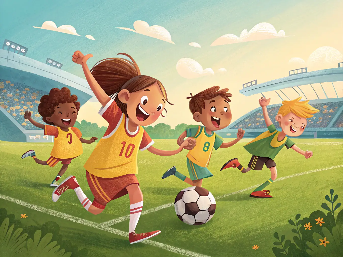A dynamic image showcasing a group of children playing soccer in a park, with the UNION SPORTIVE ARTIST CHEMINOT logo subtly visible in the background, emphasizing youth engagement and community sports.