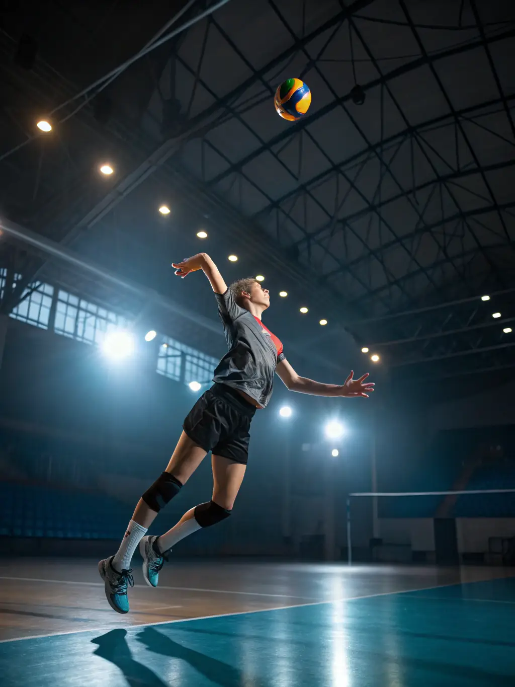 A dynamic shot of young volleyball players in action during a training session, showcasing their energy and teamwork.