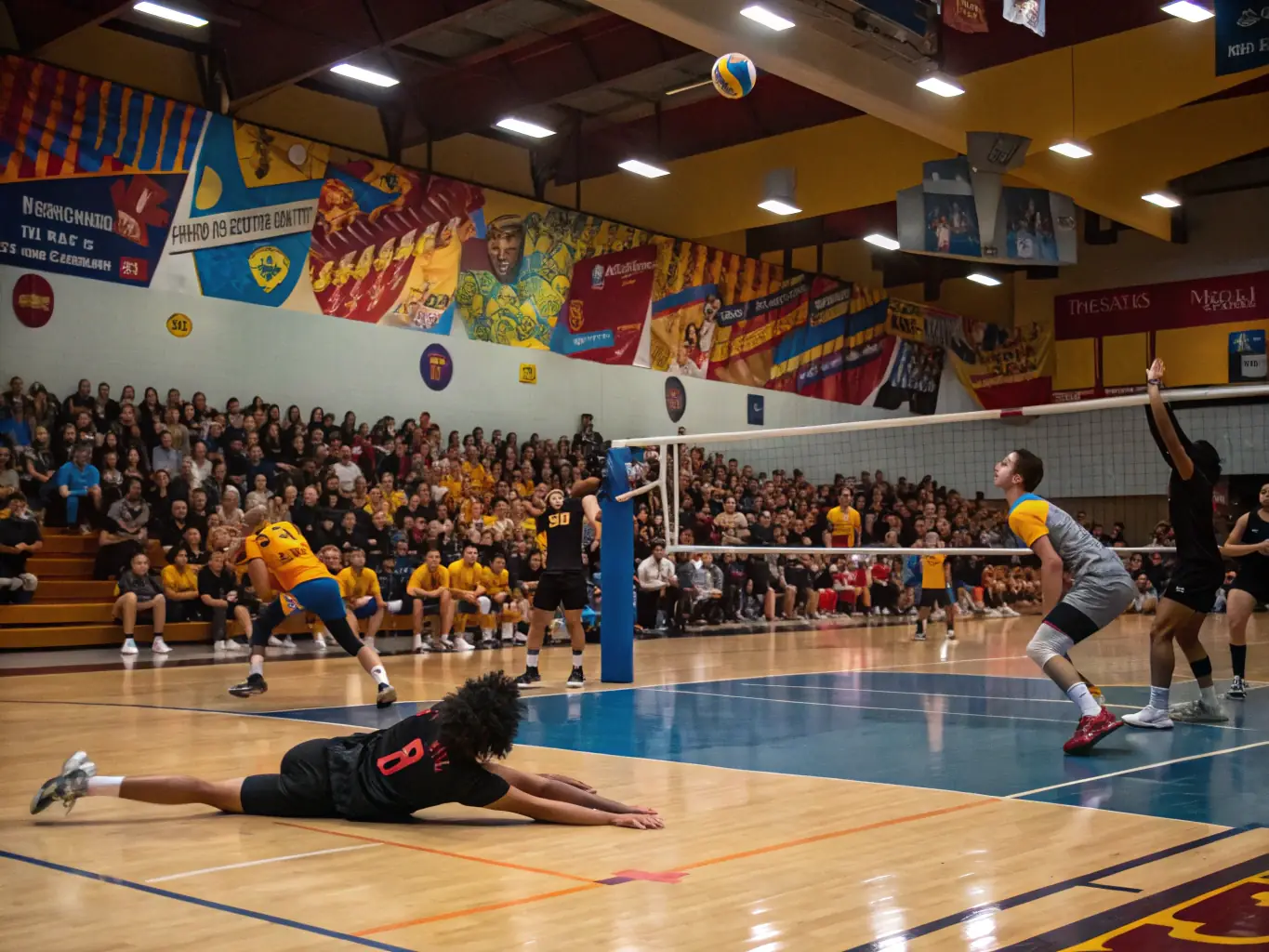 A vibrant image of a local volleyball tournament, showcasing the excitement and community spirit of the event, with players and spectators actively engaged in the game.