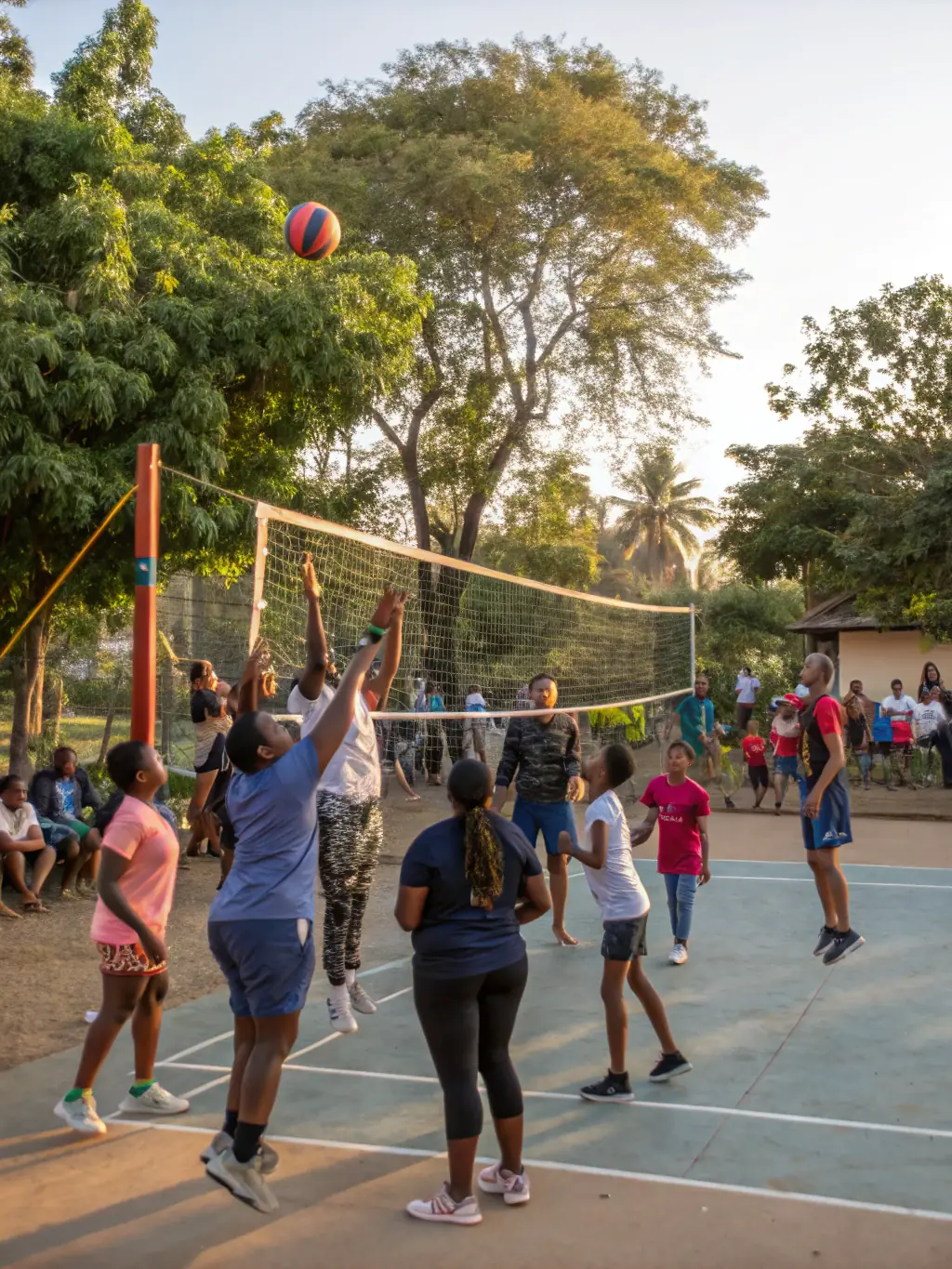 An image of community members participating in a friendly volleyball match, promoting inclusivity and social interaction.