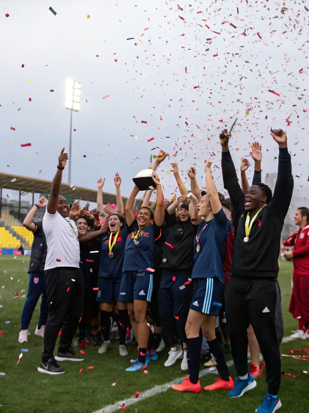 A group photo of team members celebrating a victory, highlighting the camaraderie and team spirit.