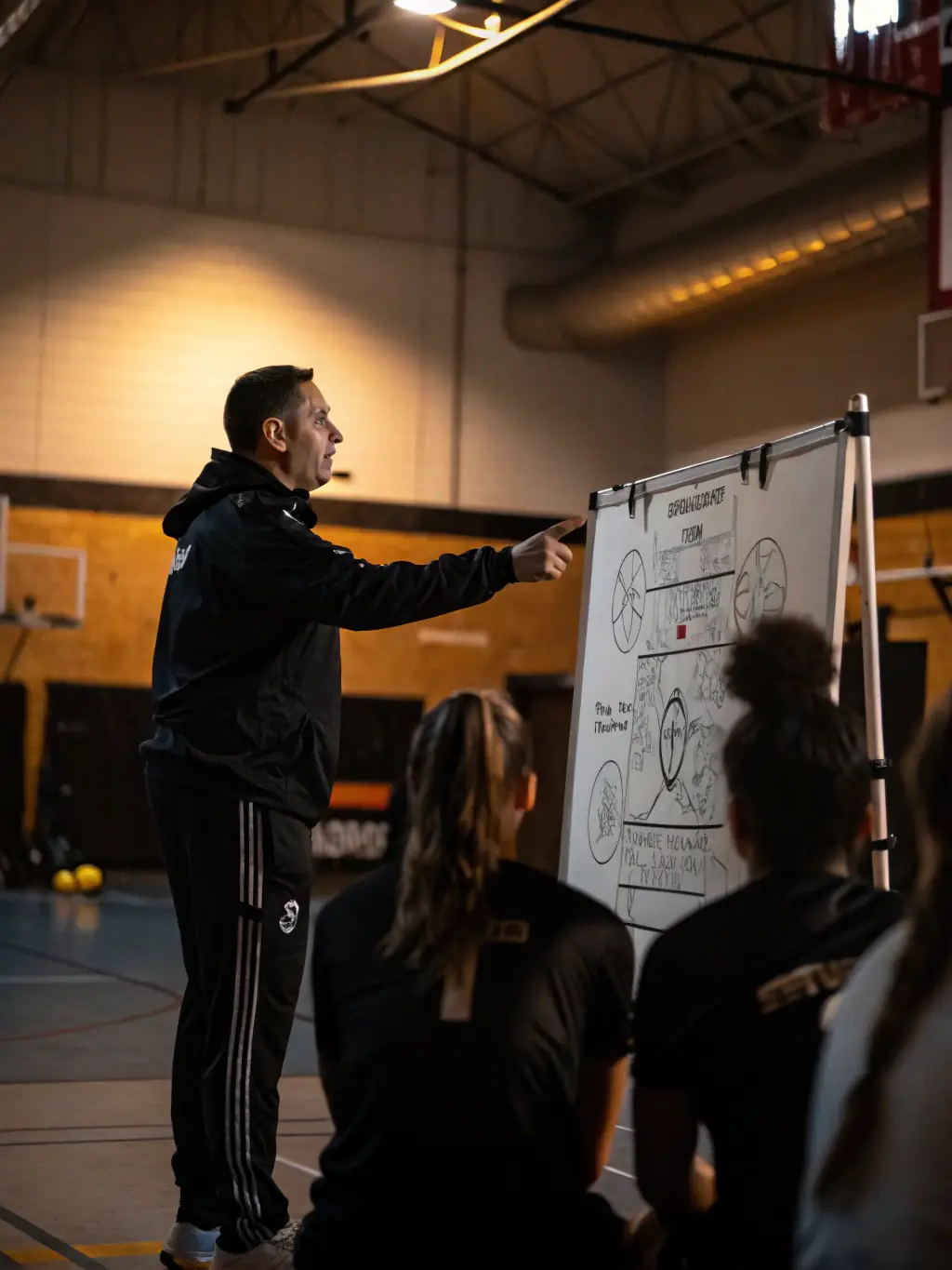 A focused image of a coach guiding players through a drill, emphasizing technique and strategy.